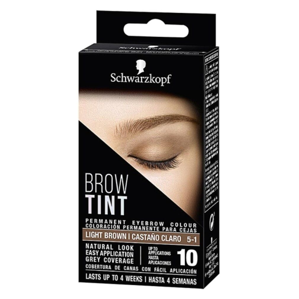 Schwarzkopf Brow Tint, marrone chiaro 5-1. Confezione nera con immagine sopracciglia. Testo: Colore permanente sopracciglia, fino a 10 applicazioni.