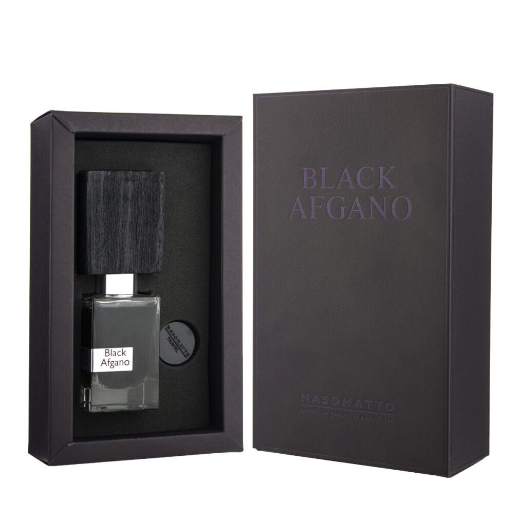 Scatola nera con flacone. Scatola con "BLACK AFGANO" e "NASOMATTO". Flacone con tappo in legno ed etichetta.