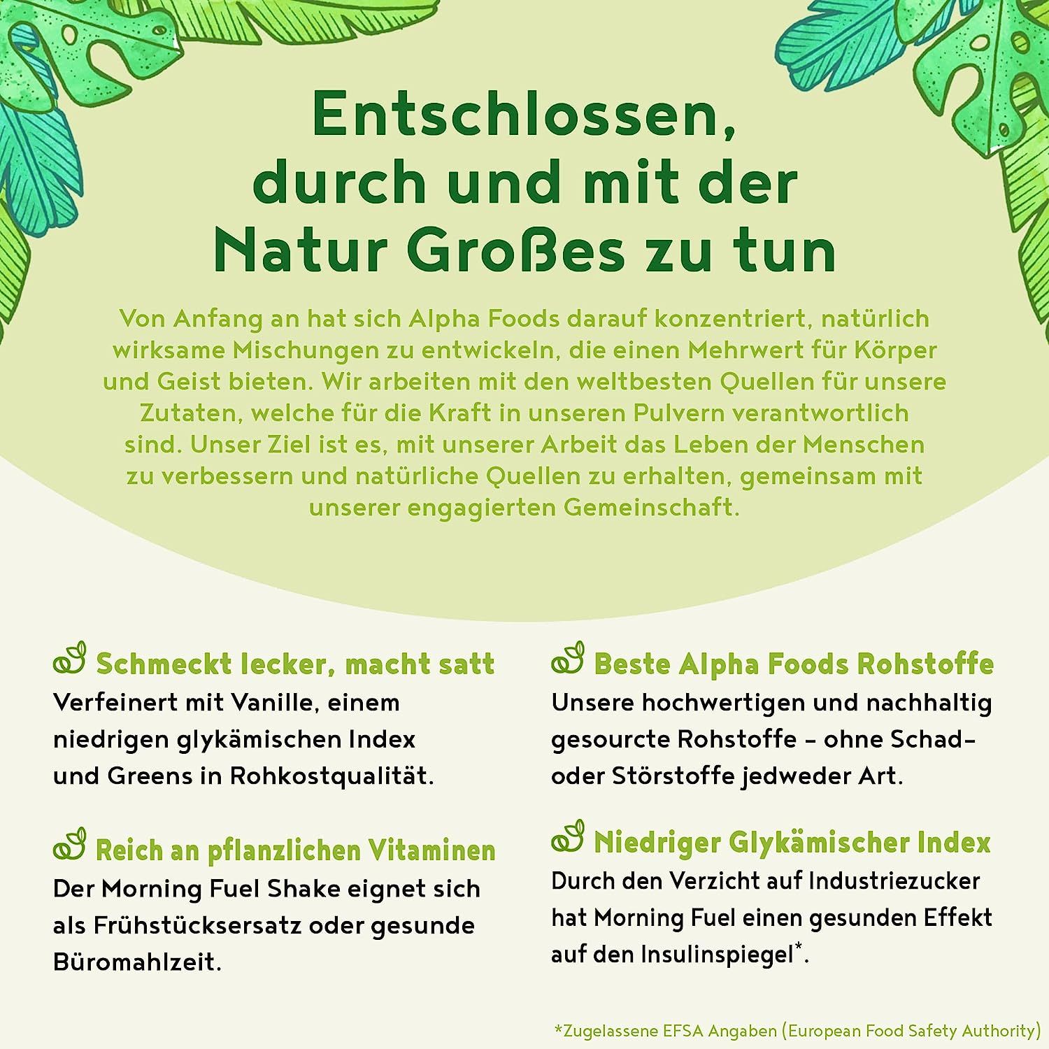 Testo con informazioni su Alpha Foods e gli ingredienti. Contiene loghi e testo.