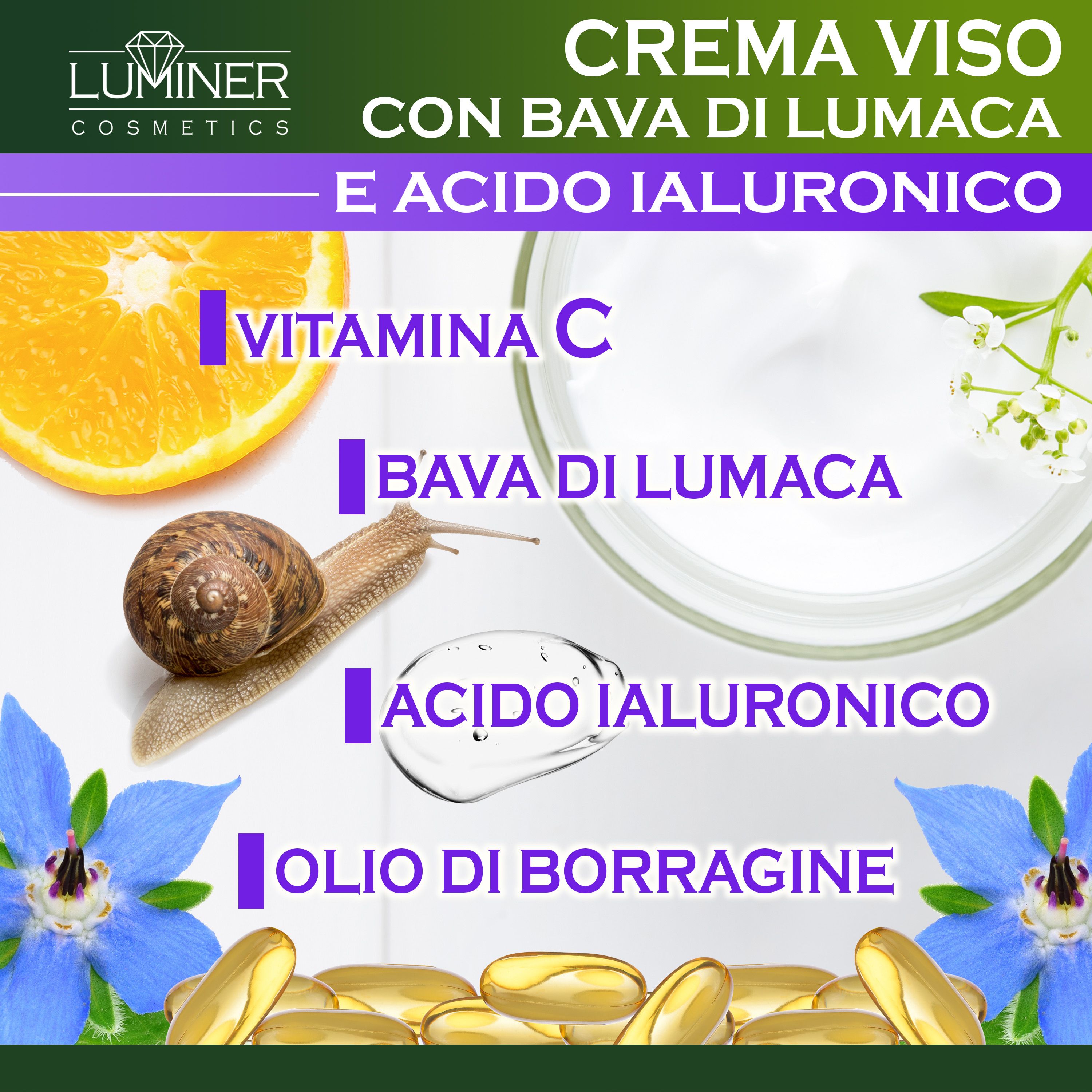 Ingredienti crema viso: Vitamina C, bava di lumaca, acido ialuronico, olio di borragine.