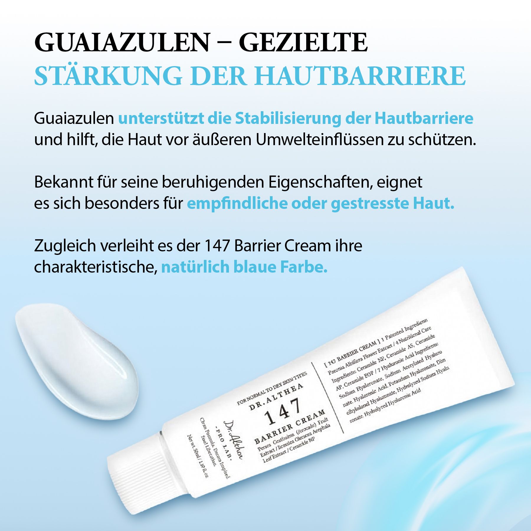Tubo di Dr. Althea 147 Barrier Cream con crema accanto. Testo in tedesco sul rafforzamento della barriera cutanea.