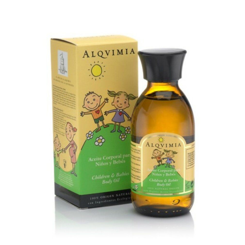 Flacone in vetro ambrato e scatola con disegni di bambini. Scritta: 'Aceite Corporal para Niños y Bebés' e 'Body Oil'.