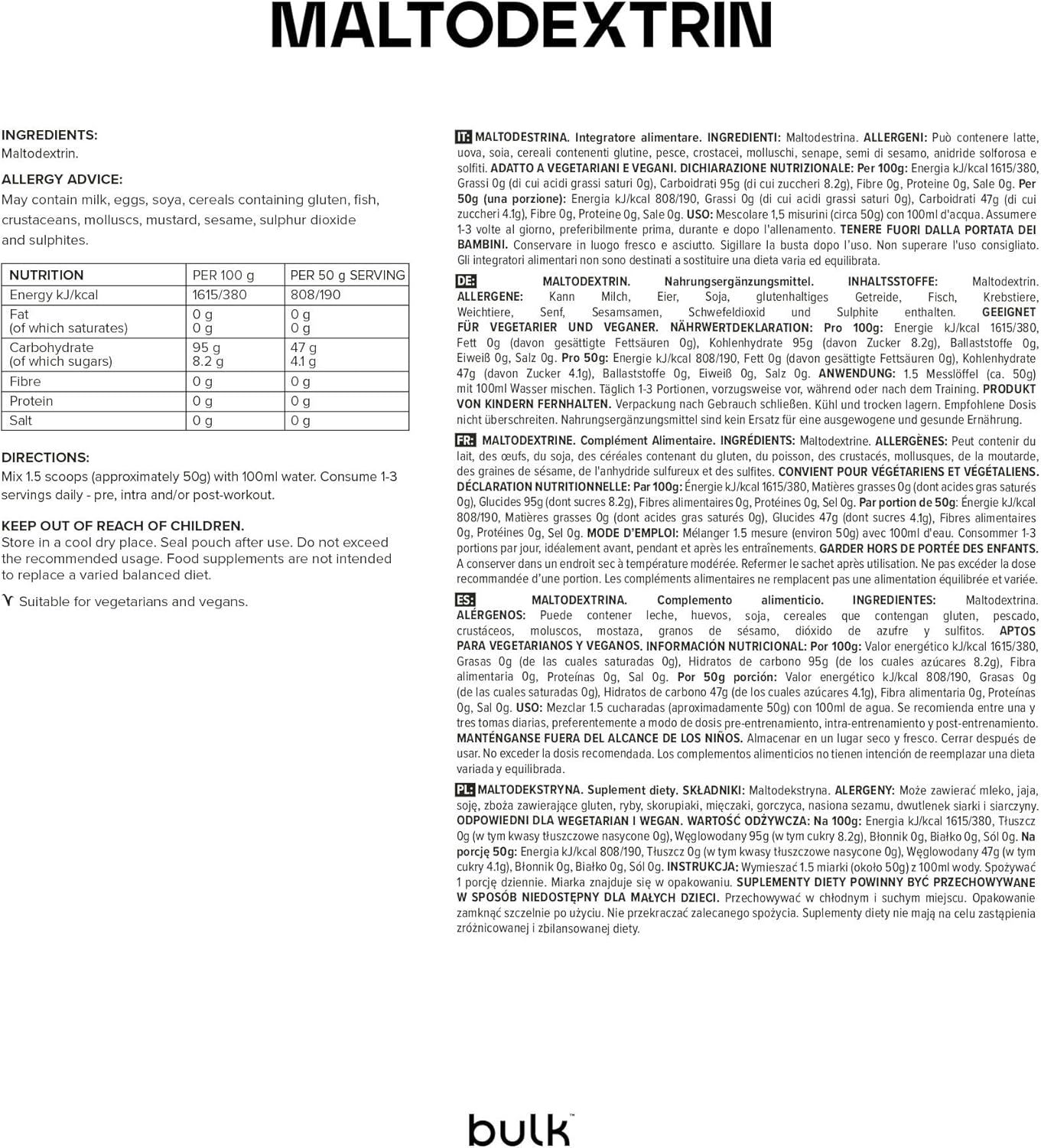 Pagina di testo con informazioni sulla maltodestrina. Contiene dettagli su ingredienti, valori nutrizionali e allergeni. Logo "bulk".