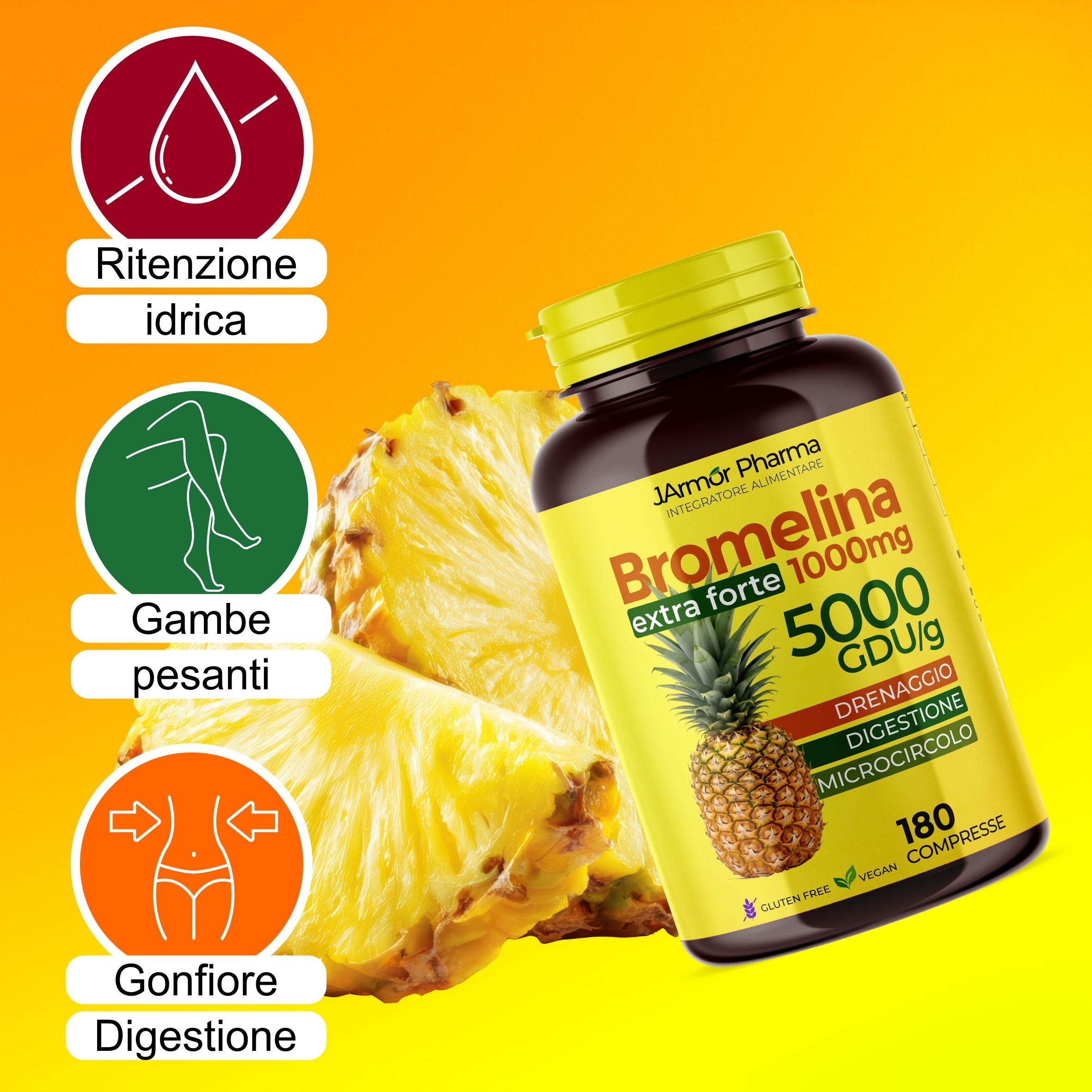Flacone con immagine di ananas, accanto a pezzi di ananas e icone per ritenzione idrica, gambe pesanti, digestione.