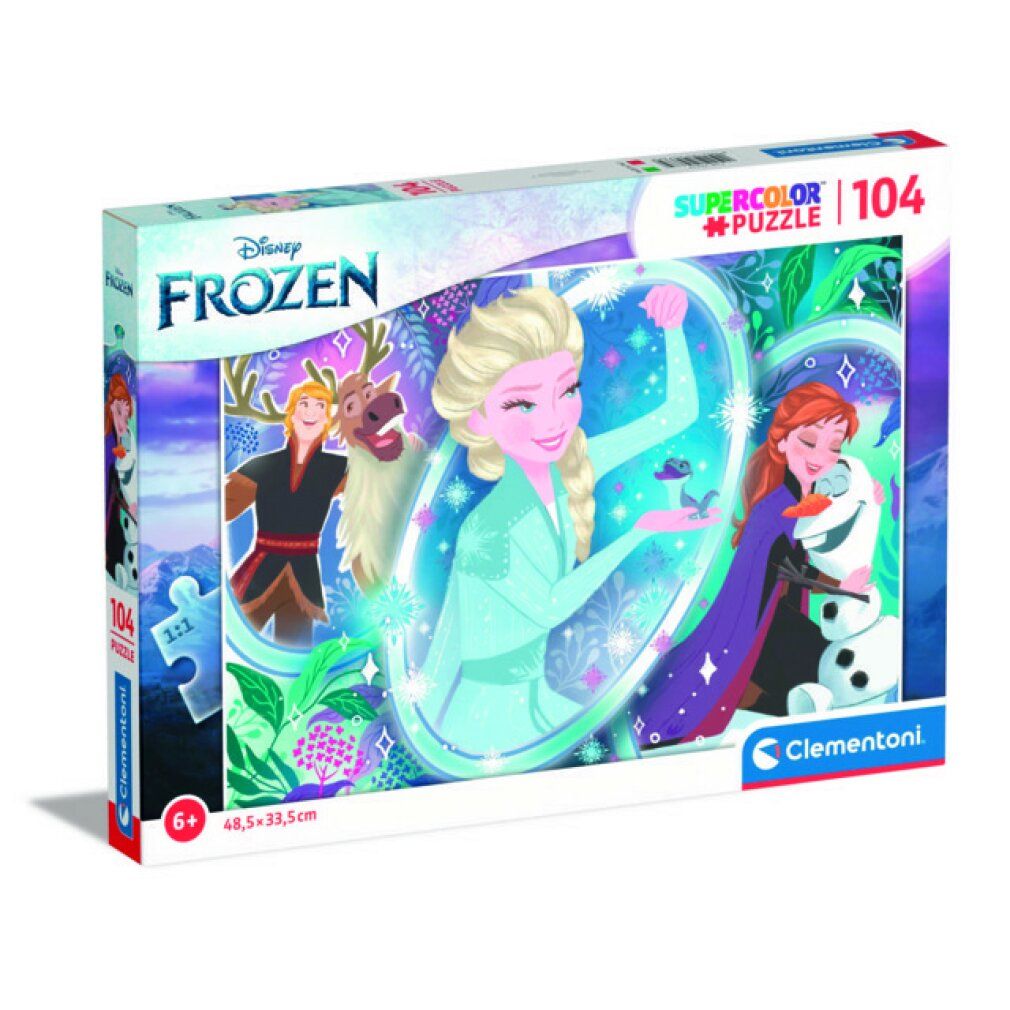 Scatola puzzle Disney Frozen. Contiene 104 pezzi. Stampa: Elsa, Anna, Olaf, Kristoff e Sven. Marchio: Clementoni. Dai 6 anni.