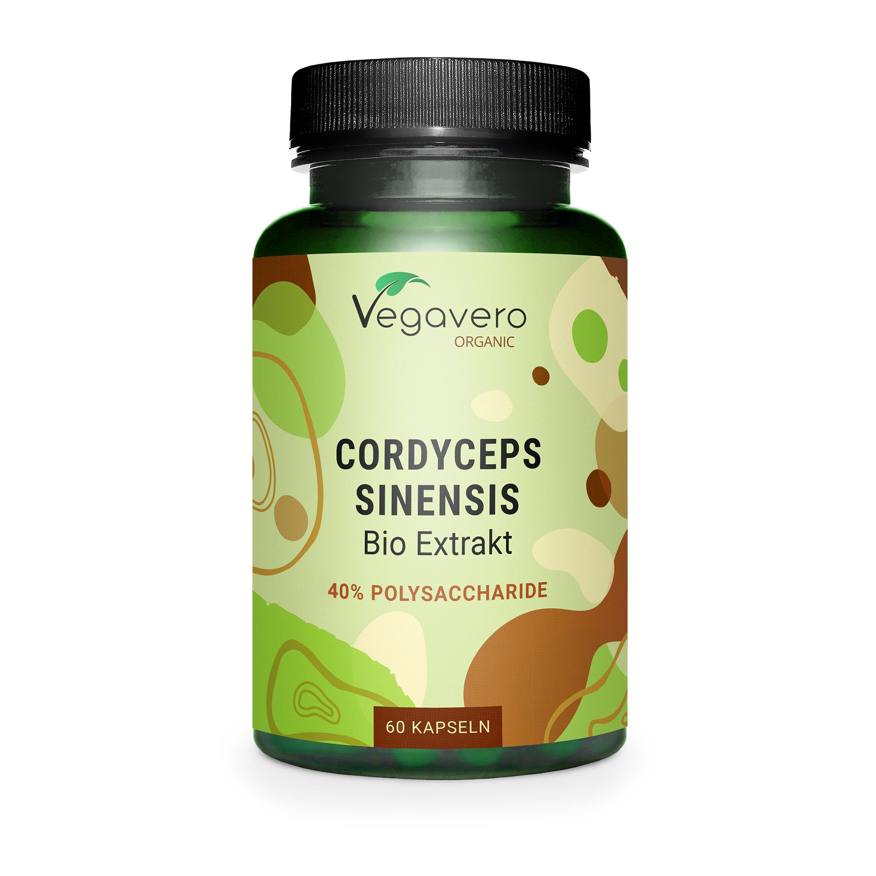 Flacone verde con tappo nero. Scritta: Cordyceps Sinensis Bio Extrakt, 40% polisaccaridi, 60 capsule. Marchio: Vegavero Organic.