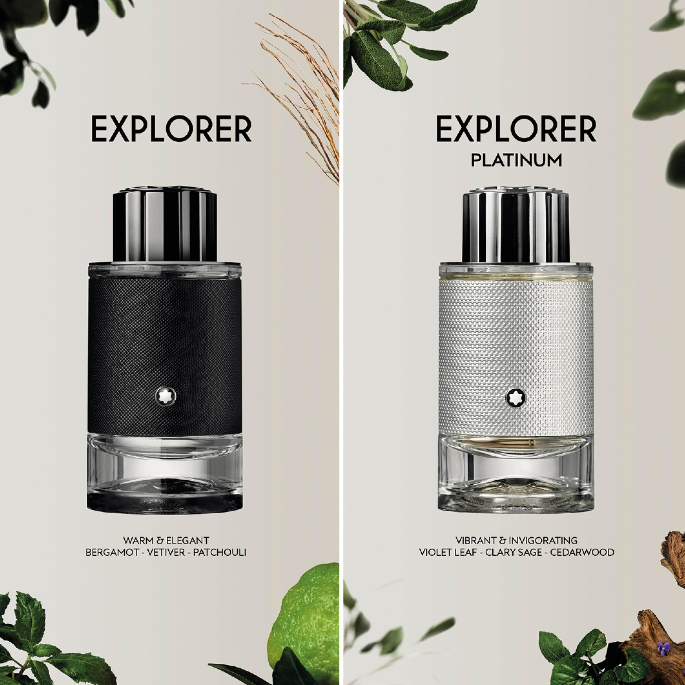 Due flaconi affiancati: nero e argento. Testo: 'EXPLORER PLATINUM'. Note olfattive sotto.
