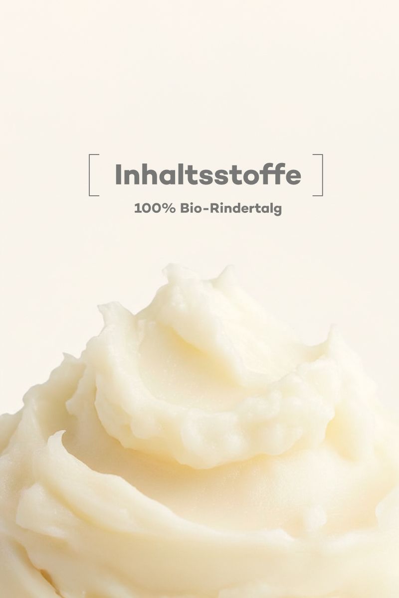 Primo piano della crema. Testo: Ingredienti, 100% sego di manzo biologico.