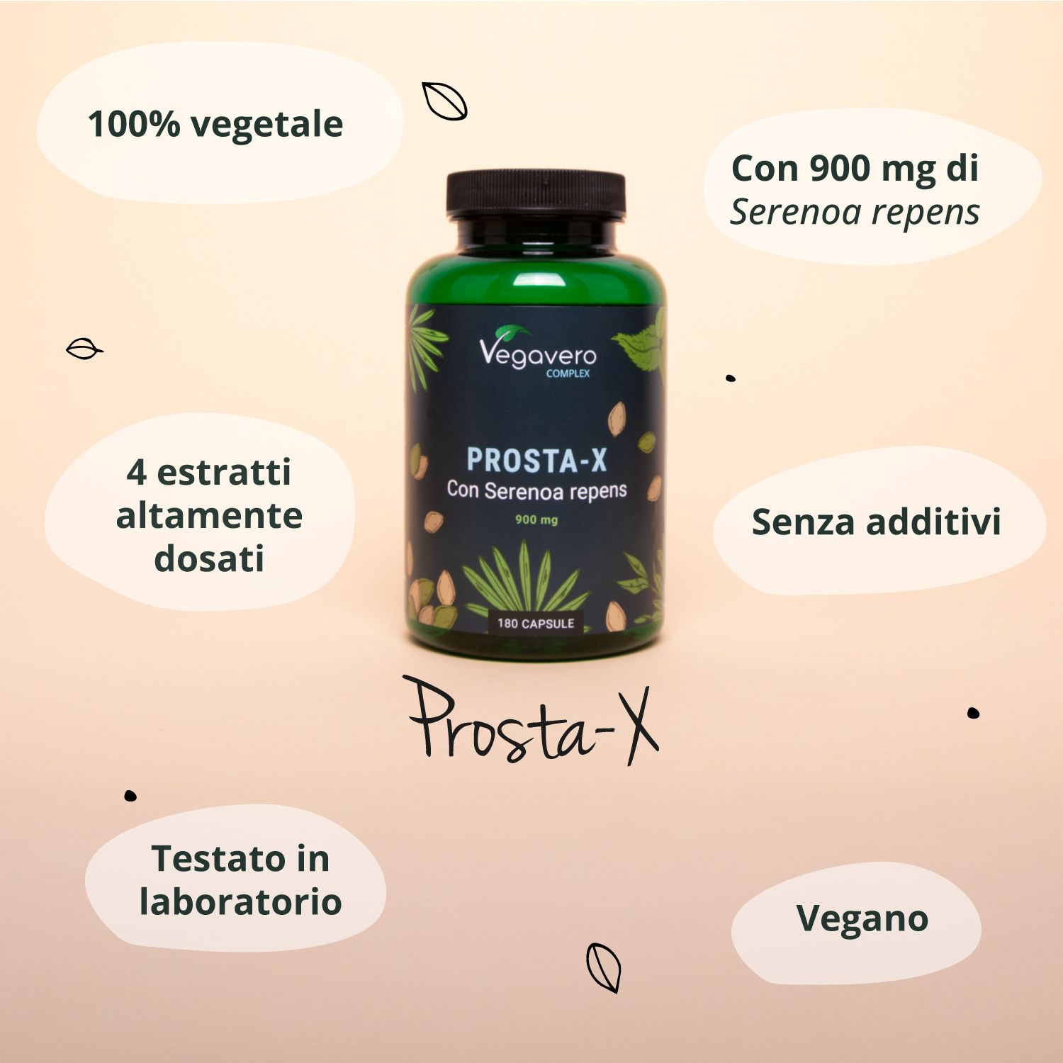 Bottiglia verde con scritta PROSTA-X, Con Serenoa repens, 900 mg, 180 capsule. Logo Vegavaro. Testo: 100% vegetal, 4 extraits, senza additivi, vegano.