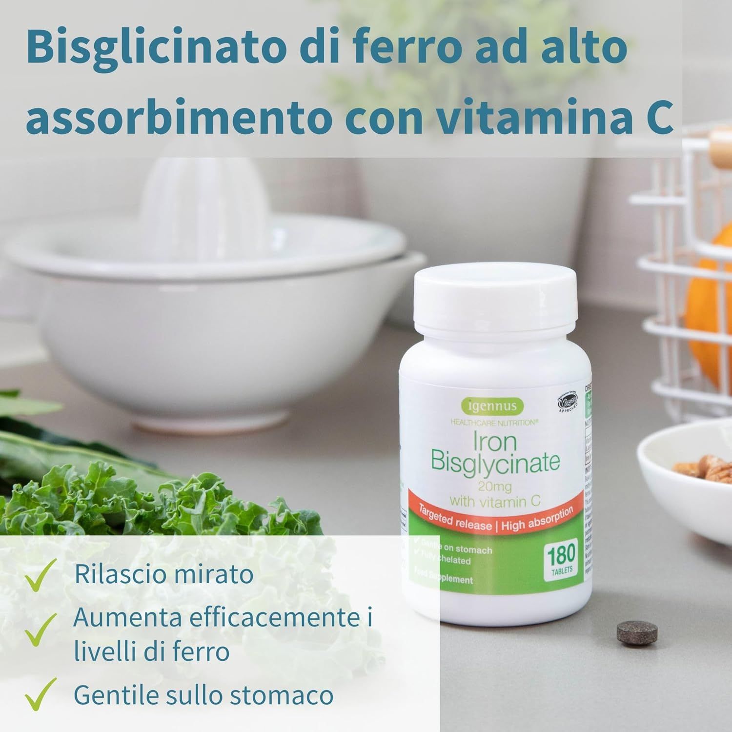 Flacone di Igennus Iron Bisglycinate con Vitamina C, 180 compresse, con infografiche.