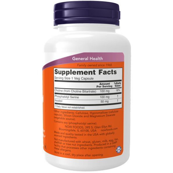 Retro del flacone. Etichetta arancione con "Supplement Facts". Contiene colina, inositolo e fosfatidilserina. Flacone bianco.