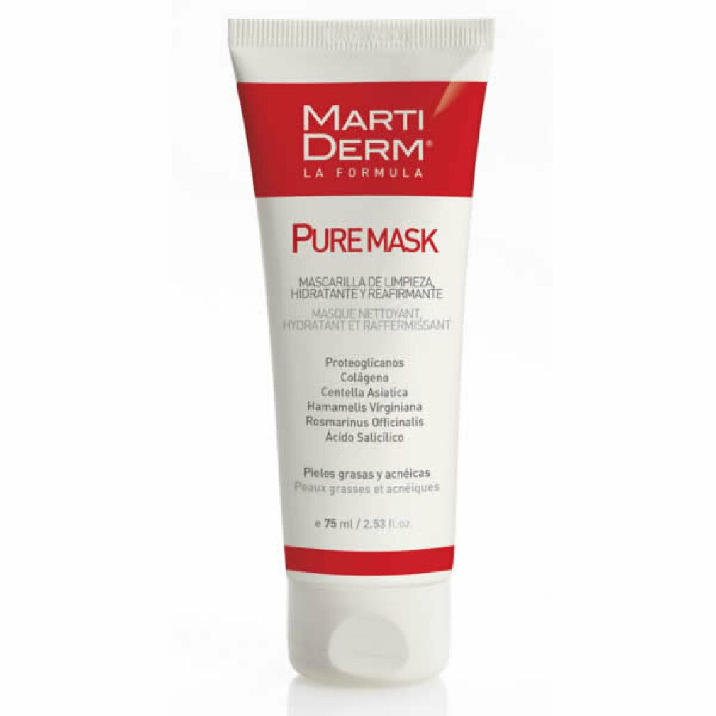 Tubo rosso e bianco con scritta Marti Derm Pure Mask. Contiene 75 ml. Per pelli grasse e a tendenza acneica.