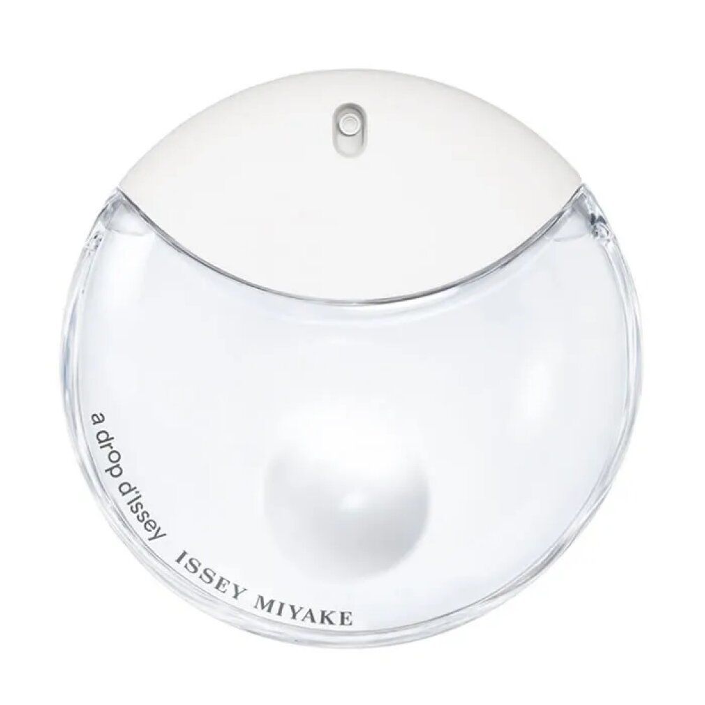 Flacone rotondo trasparente con tappo bianco. Scritta: a drop d'Issey, Issey Miyake.