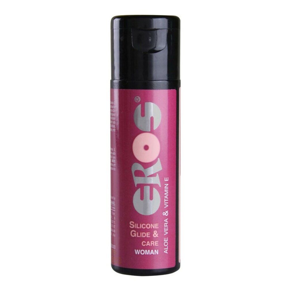 Flacone con tappo nero ed etichetta rossa. Scritta: EROS, Silicone Glide & Care, Woman. Contiene Aloe Vera & Vitamina E.