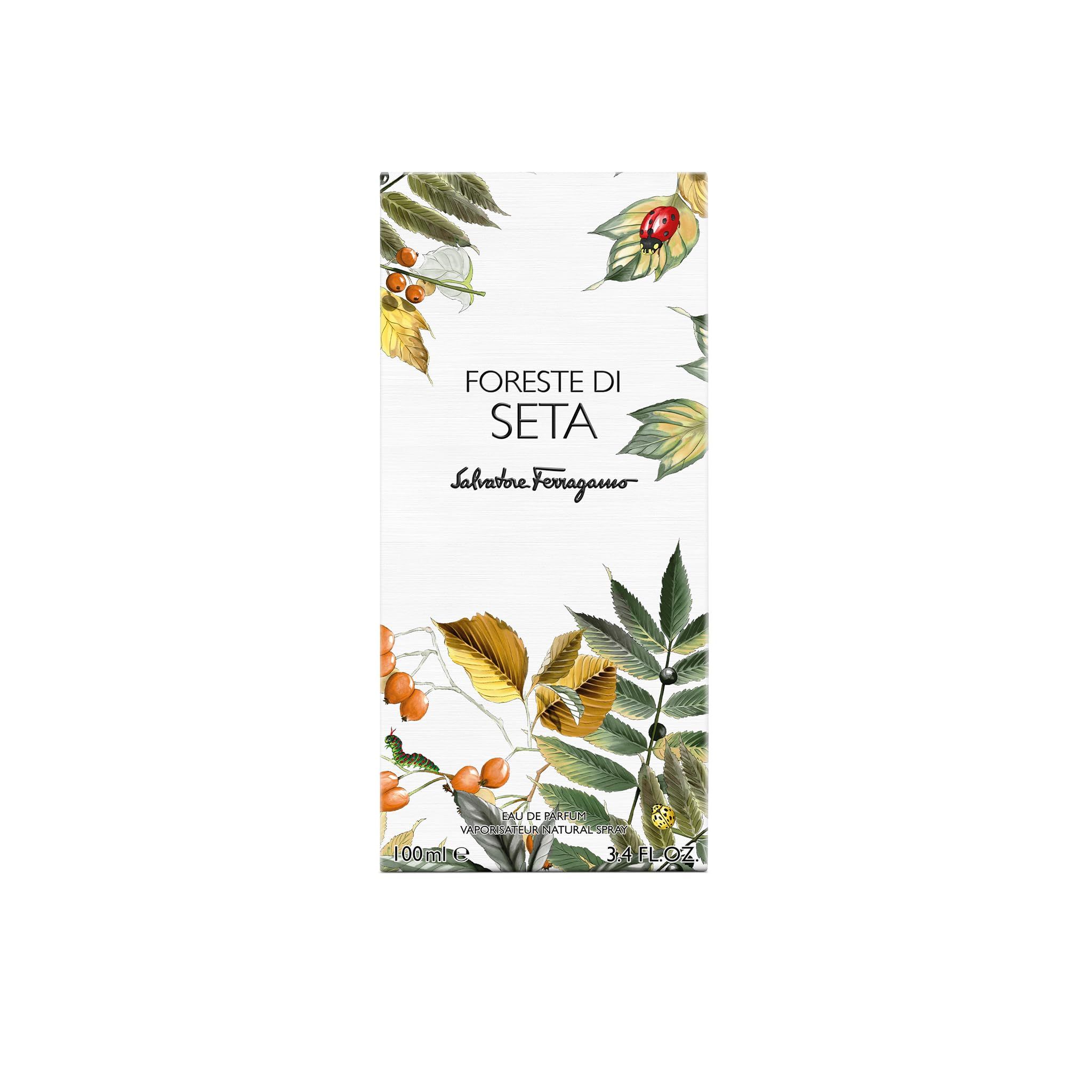 Salvatore Ferragamo Foreste di Seta EdP Nat. Spray. Confezione con design floreale. Testo: Foreste di Seta, Salvatore Ferragamo.