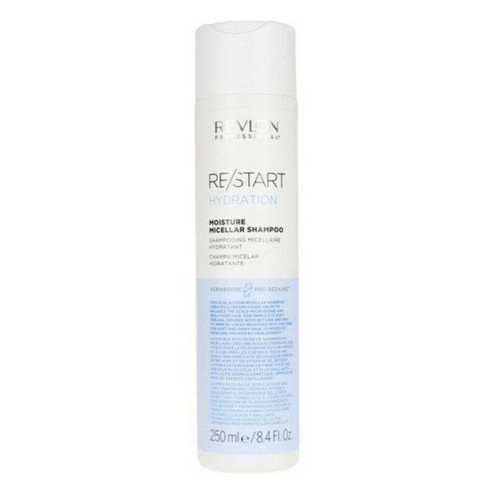 Flacone di shampoo bianco con etichetta blu. Scritta: Revlon Re-Start Hydration, Moisture Micellar Shampoo. 250 ml.