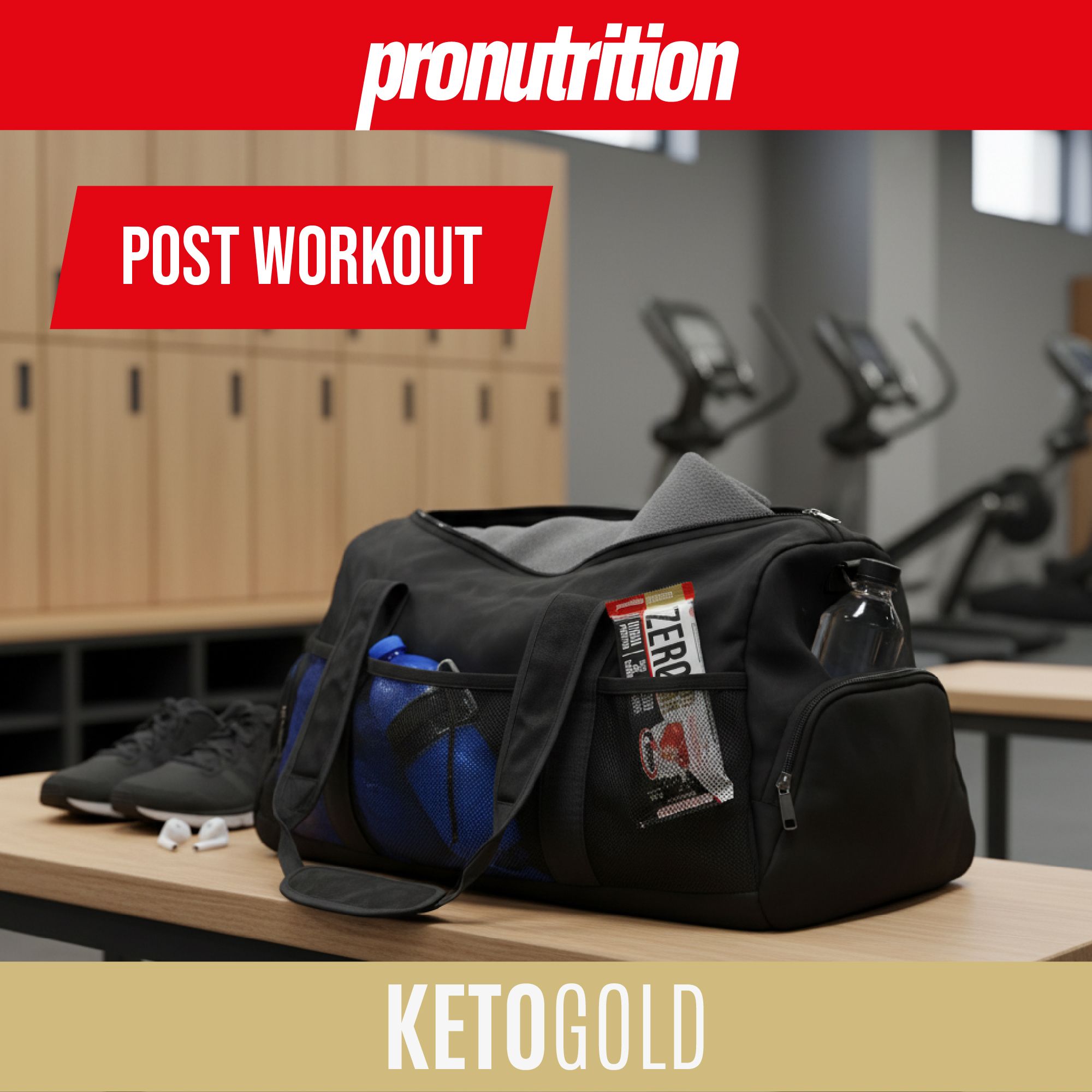 Borsa sportiva con barretta. Scritta: Zero Keto Bar. Nella borsa: borraccia, abbigliamento sportivo. Sfondo: palestra.
