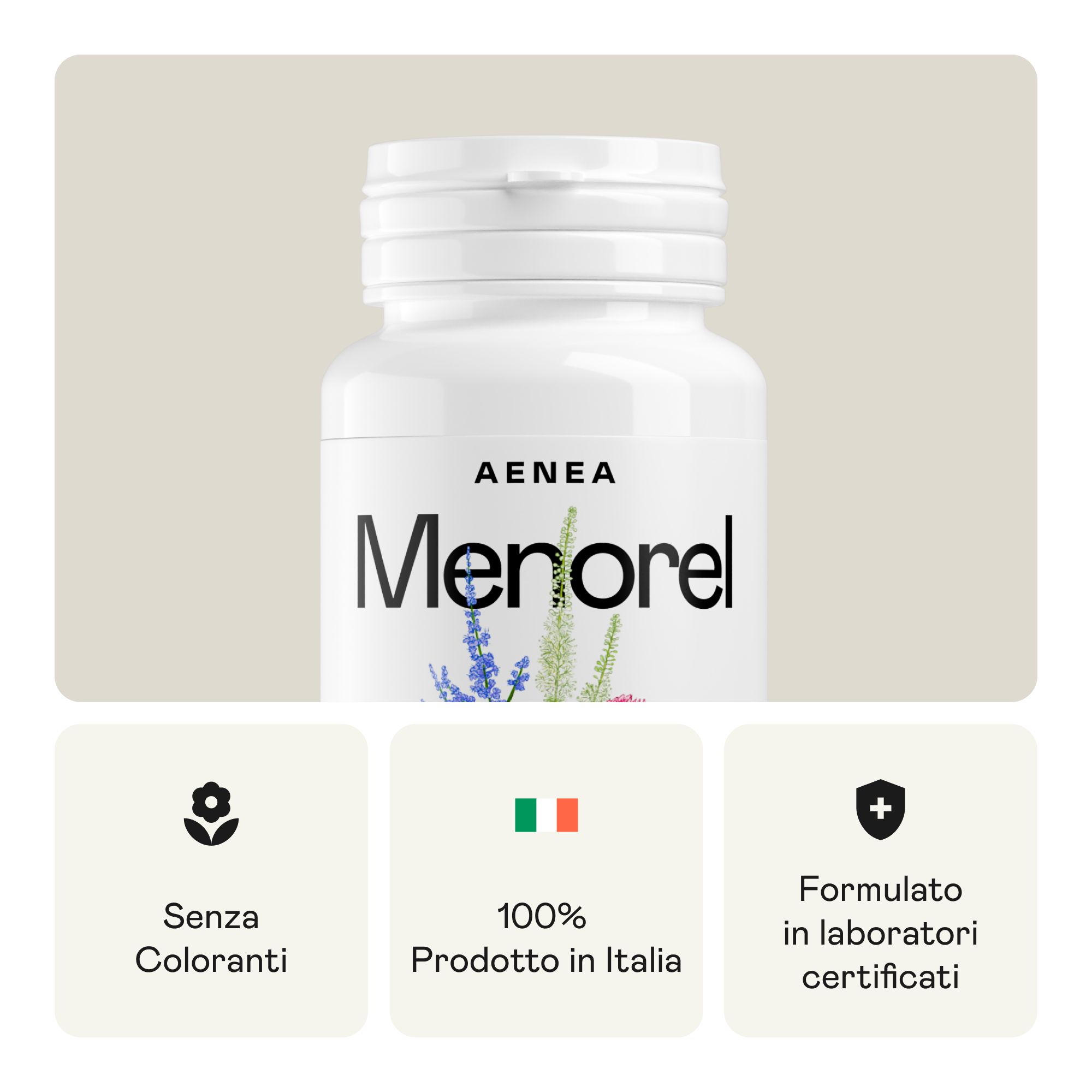 Flacone Aenea Menorel. Senza coloranti. 100% prodotto in Italia. Formulato in laboratori certificati.
