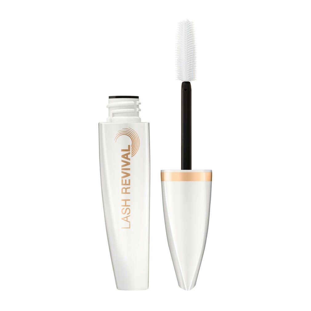 Contenitore di mascara bianco con dettagli dorati e spazzola. Scritta: LASH REVIVAL. Marchio: Max Factor.