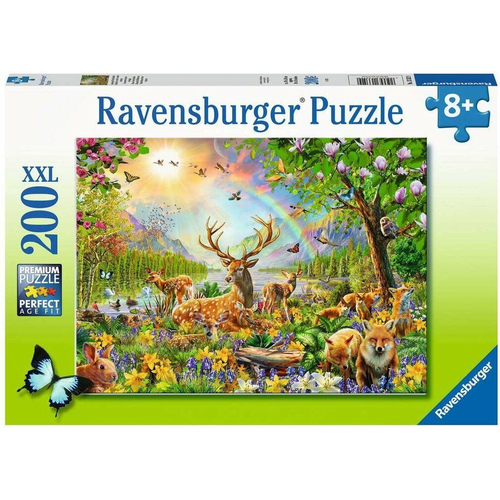 Scatola puzzle con motivo famiglia di cervi in paesaggio naturale. Marca Ravensburger, 200 pezzi, da 8 anni.