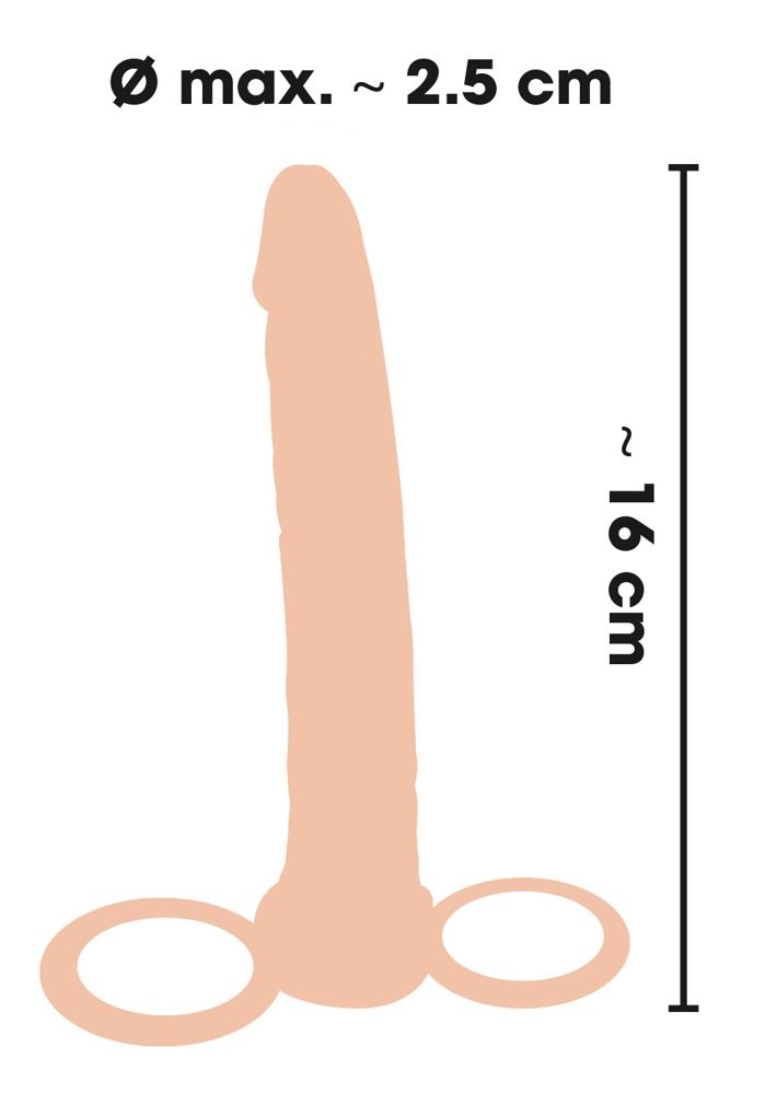 Dildo beige con anello per pene e scroto. Dimensioni: Ø max. ~2,5 cm, ~16 cm di altezza. Linee e testo neri.