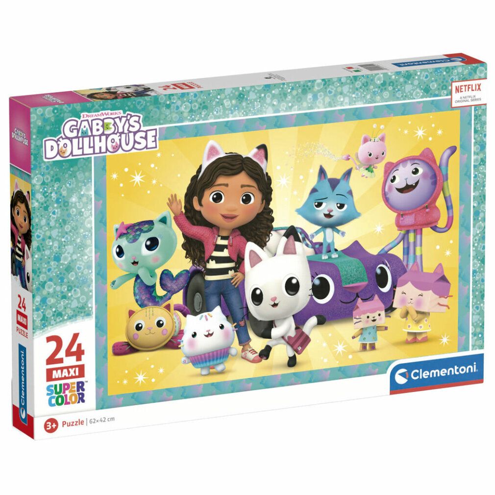 Scatola puzzle con personaggi di Gabby's Dollhouse. Scatola rettangolare con motivo puzzle. Scritta: 24 Maxi Super Color. Marchio: Clementoni.