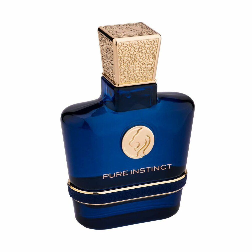 Flacone in vetro blu scuro con tappo dorato e scritta "PURE INSTINCT".