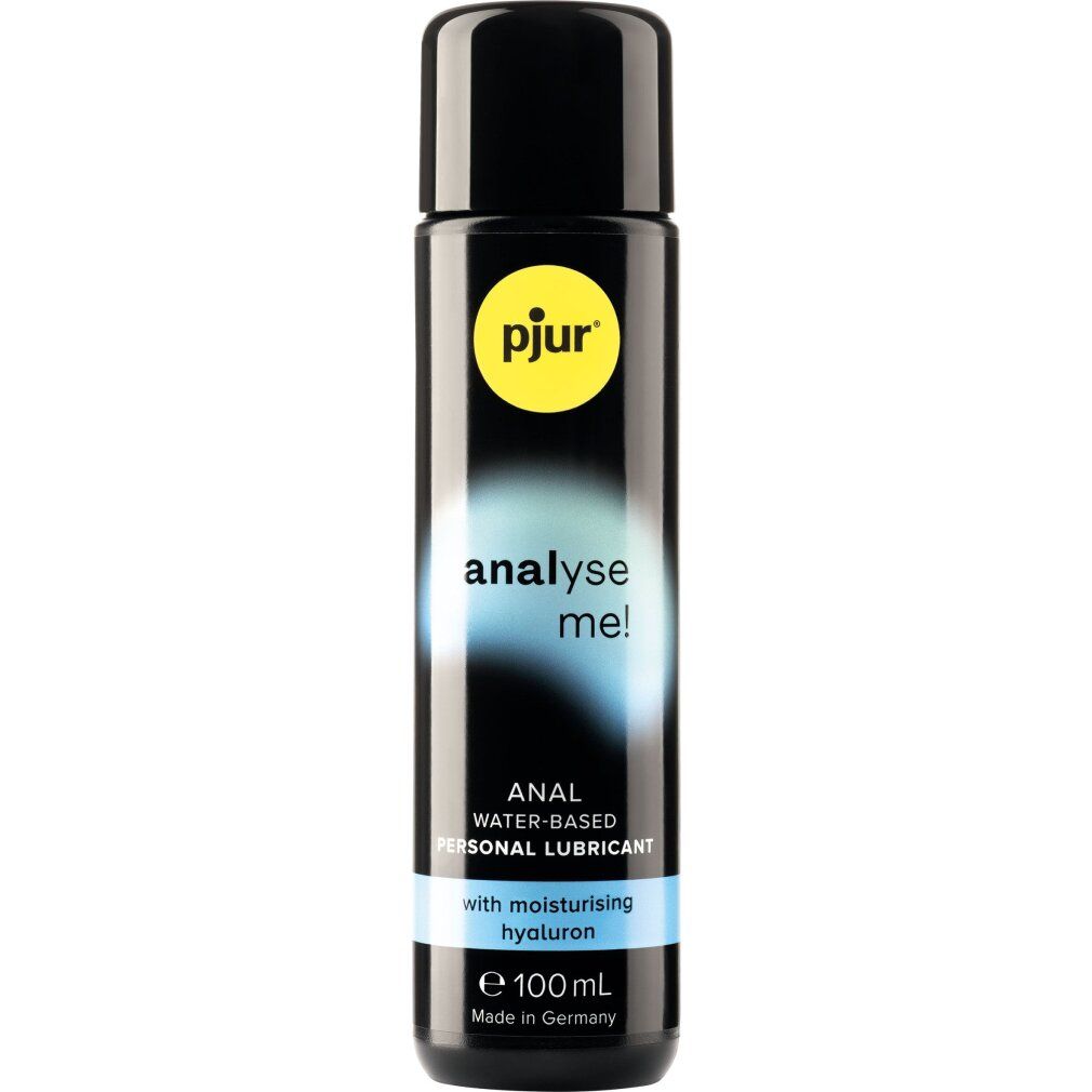 Flacone nero con cerchio giallo. Scritta: pjur, analyse me!, Anal Water-Based Personal Lubricant.