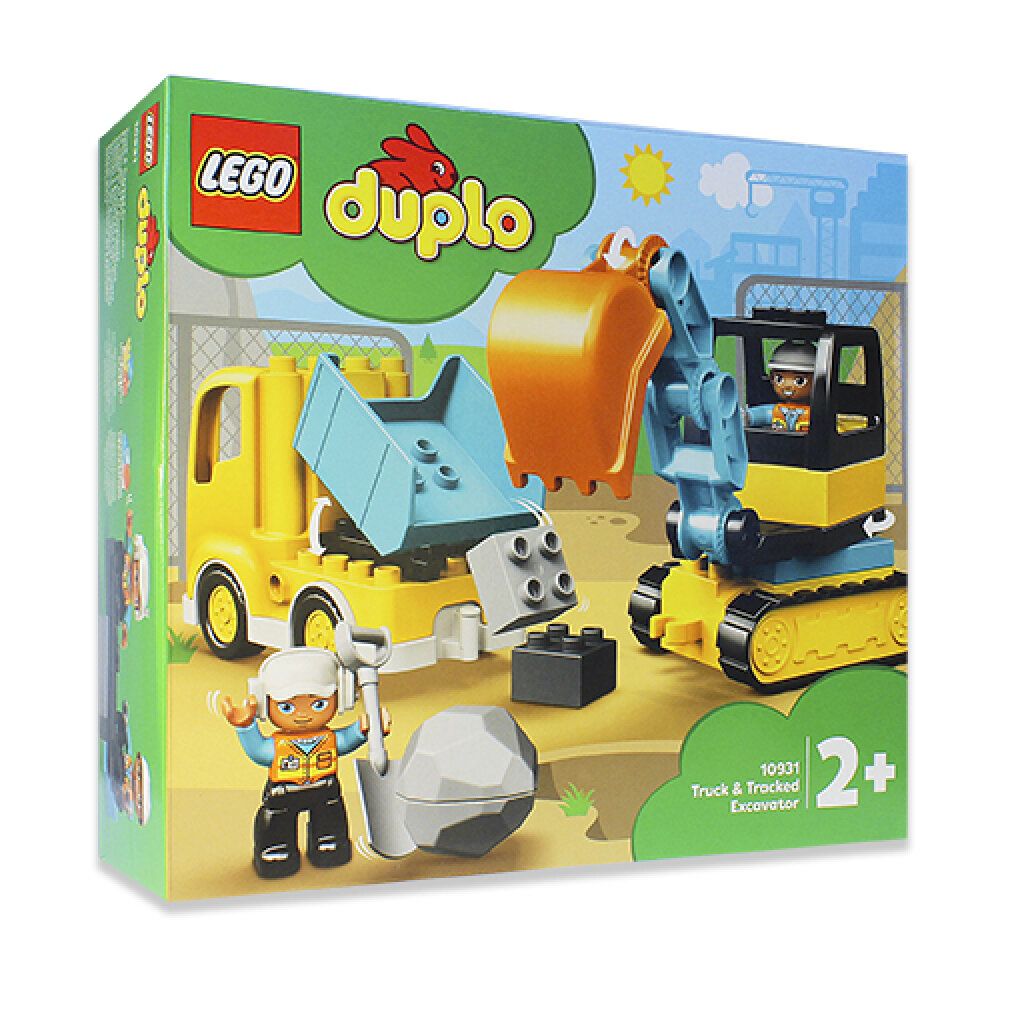 LEGO Duplo Bagger und Laster. Confezione con camion giallo, escavatore, personaggi e blocchi. Logo, nome del prodotto e raccomandazione di età.