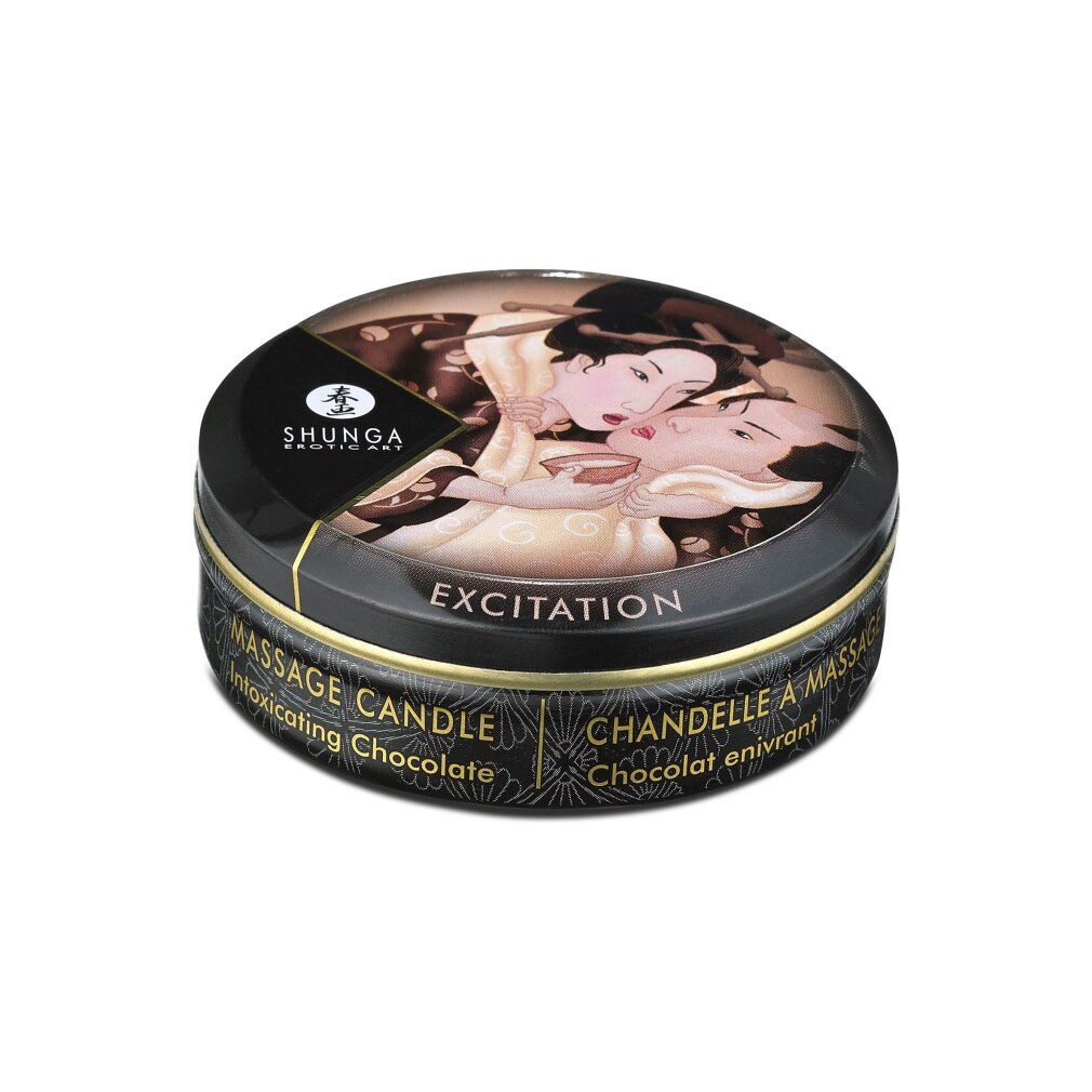 Candela da massaggio Shunga, profumo: Cioccolato inebriante. Contenitore chiuso con arte erotica e scritta "Excitation".