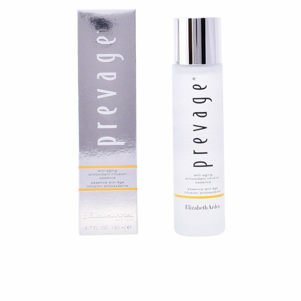 Flacone e confezione Elizabeth Arden Prevage Essence. Testo: Prevage, Anti-età, Antioxidant infusion essence. Volume: 4.7 FL. OZ. / 140 ml.