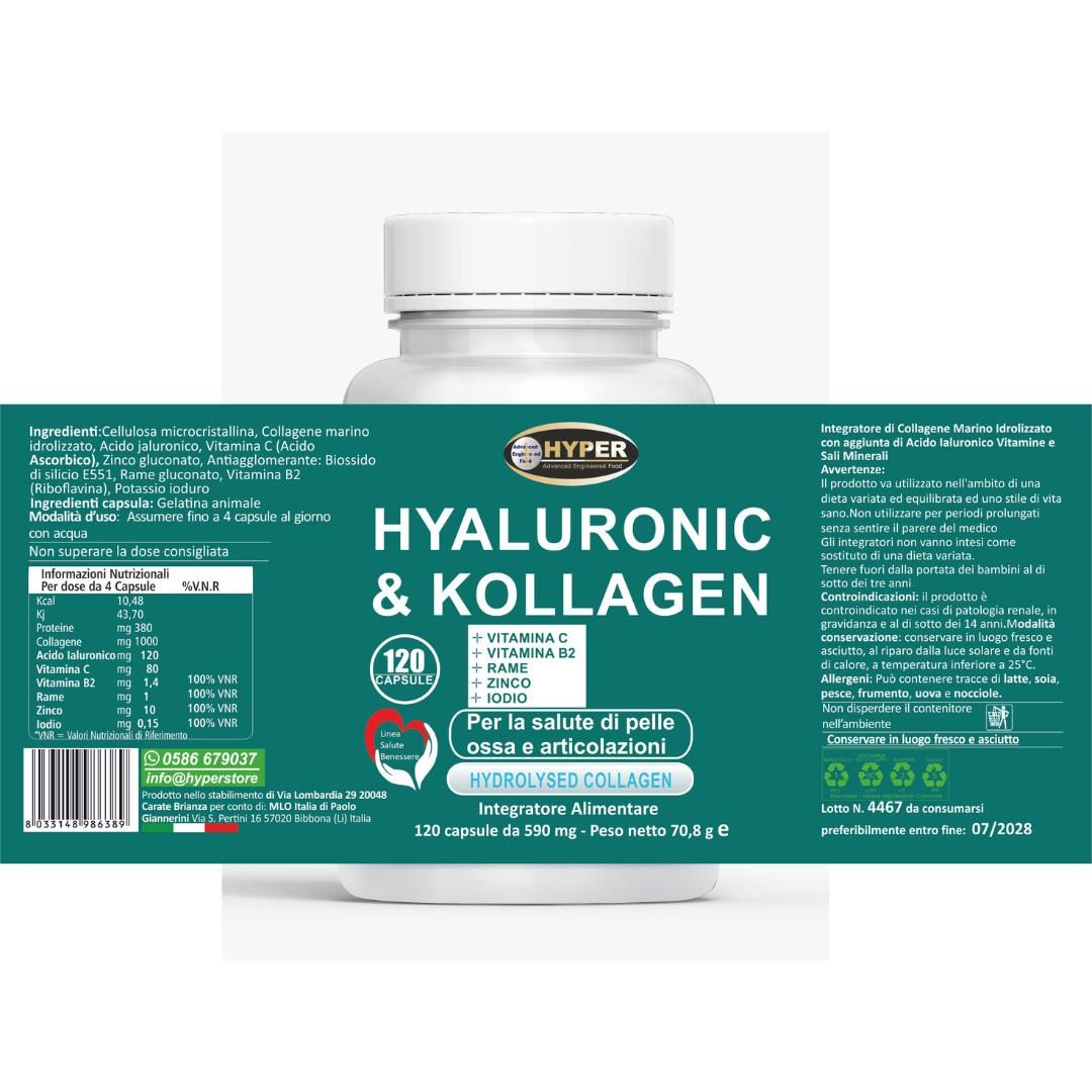 HYPER Hyaluronic Kollagen 120cps Acido Ialuronico + Collagene + Vitamine + Minerali Articolazioni