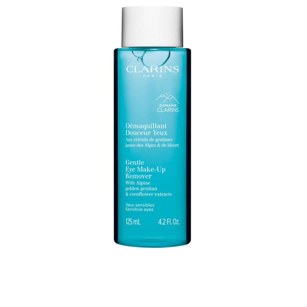 Flacone blu trasparente, tappo bianco. Testo: Clarins, Démaquillant Douceur Yeux, Gentle Eye Make-Up Remover, 125 ml, 4.2 Fl. Oz.