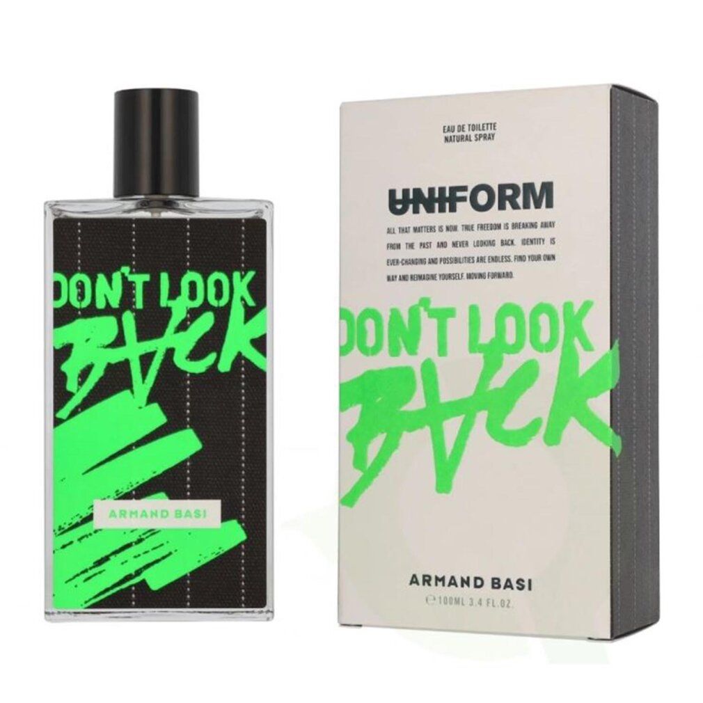 Flacone e confezione. Flacone con tappo nero, scritta "DON'T LOOK BACK" in verde. Confezione con testo e logo.