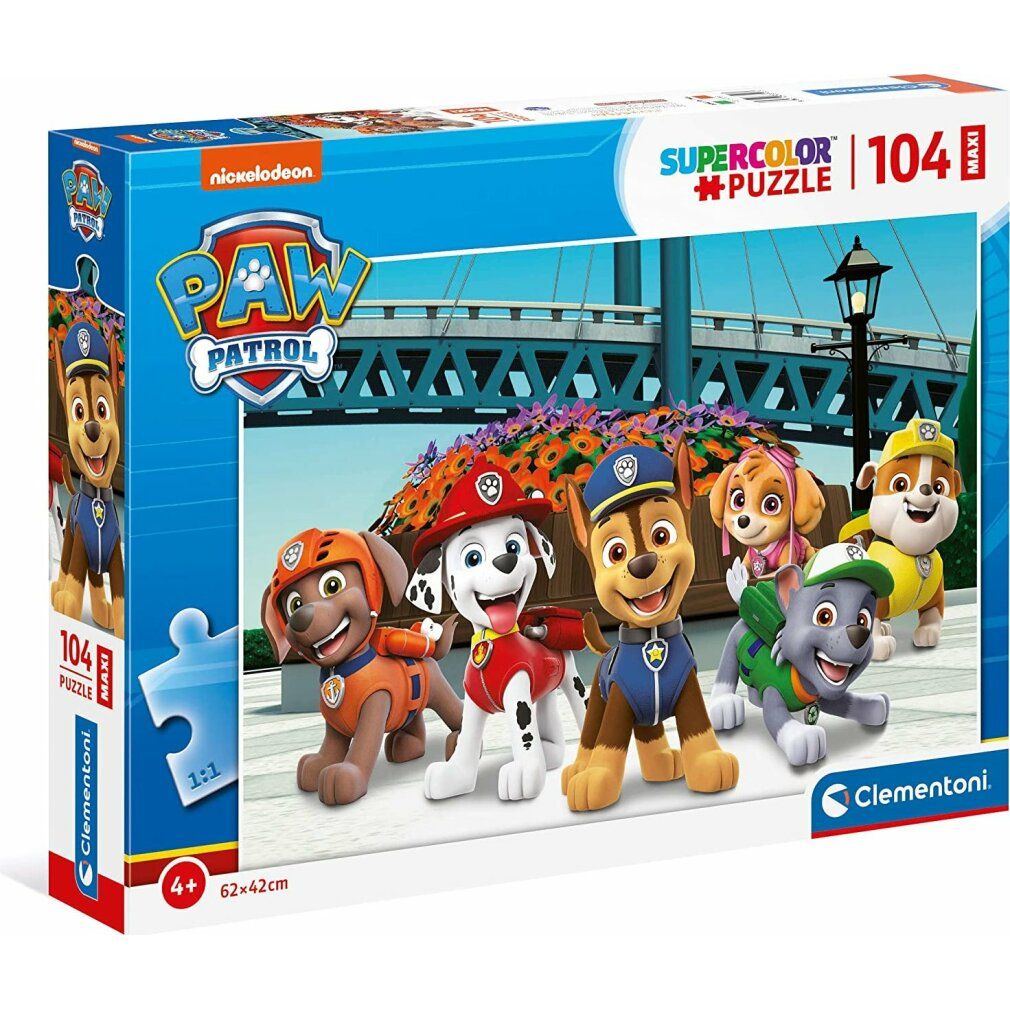 Clementoni Maxi Puzzle Paw Patrol, 104 pezzi. Confezione con motivo Paw Patrol. 62x42cm.