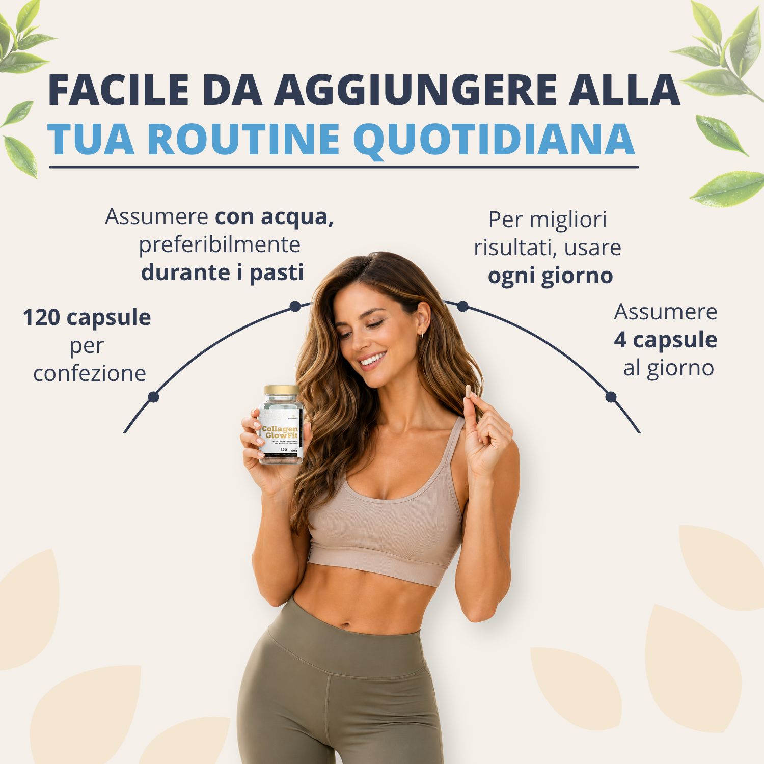 Flacone Golden Tree Collagen GlowFit con elenco degli ingredienti: Complesso di collagene, estratto di tè verde, biotina, CLA e Garcinia.