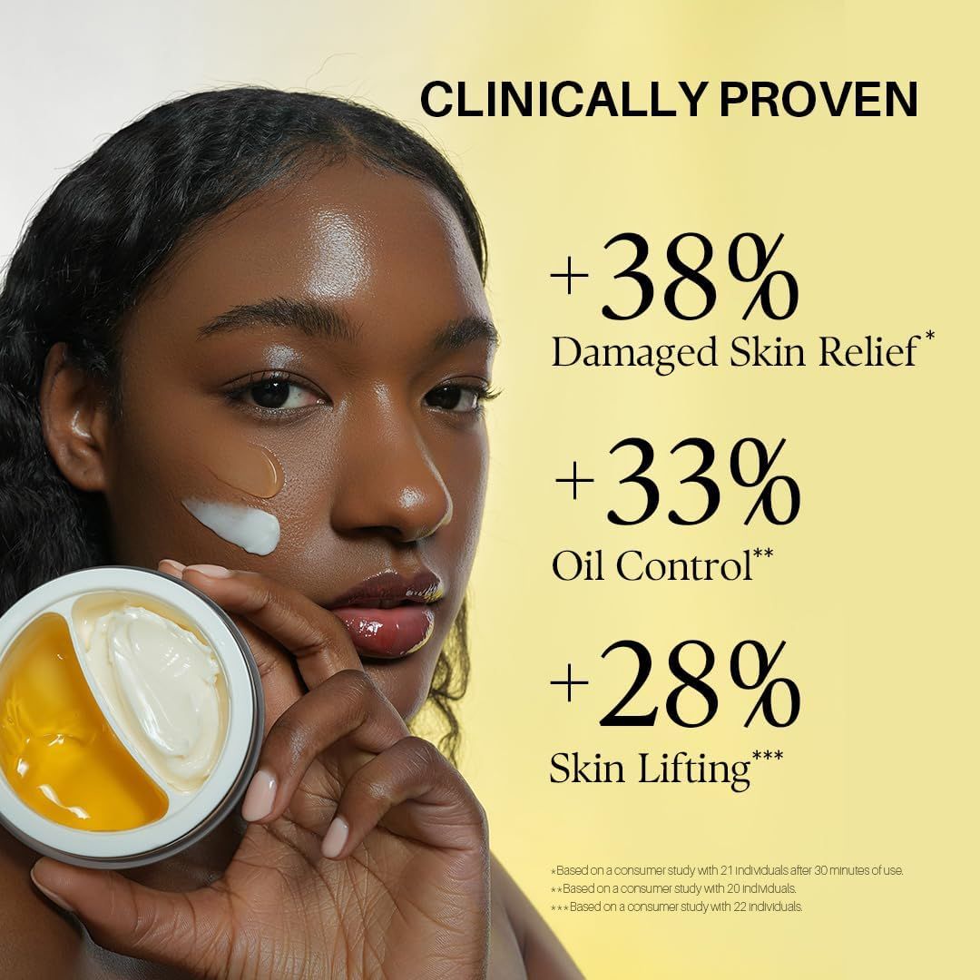 Donna con siero e crema. Testo: clinicamente provato, +38% riparazione danni, +33% controllo olio, +28% lifting cutaneo.