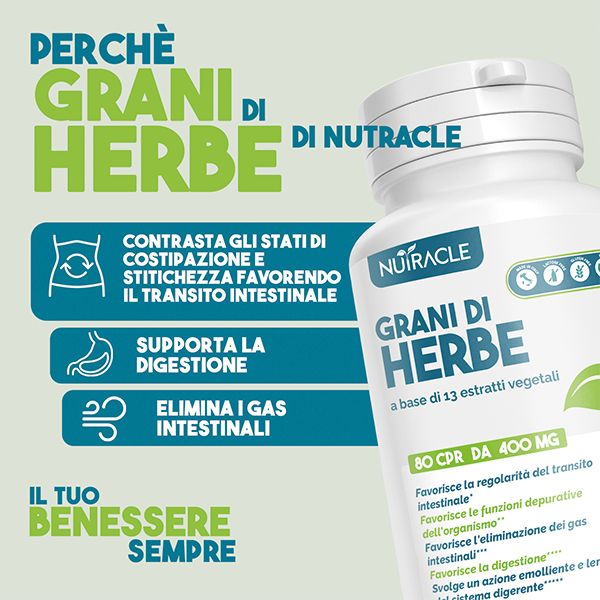 Flacone di prodotto accanto a blocchi di testo. Testo: "Perché Grani di Herbe". "Contrasta gli stati di costipazione". "Supporta la digestione".
