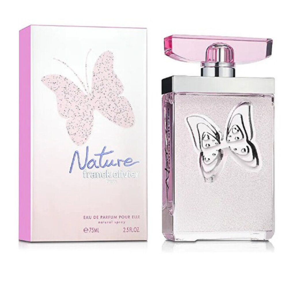 Flacone di profumo e confezione. Flacone con rilievo a farfalla. Confezione con farfalla e scritta Nature.