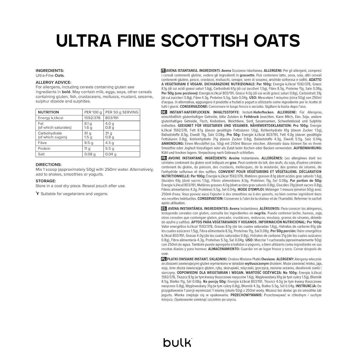Pagina di testo con informazioni su "Ultra Fine Scottish Oats". Contiene valori nutrizionali, lista ingredienti e istruzioni.
