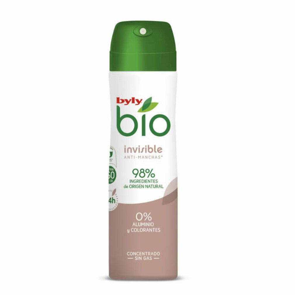 Spray deodorante, flacone bianco con tappo verde. Scritte: Byly Bio, invisible, 98% ingredienti di origine naturale.