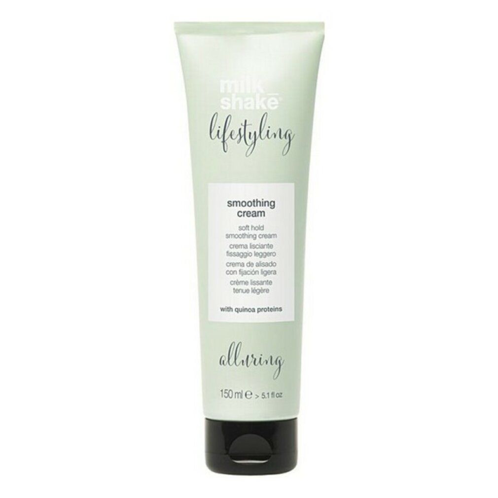 Tubo Milk Shake Lifestyling Smoothing Cream. Verde chiaro, tappo nero. Testo: Smoothing Cream, alluring, 150 ml.