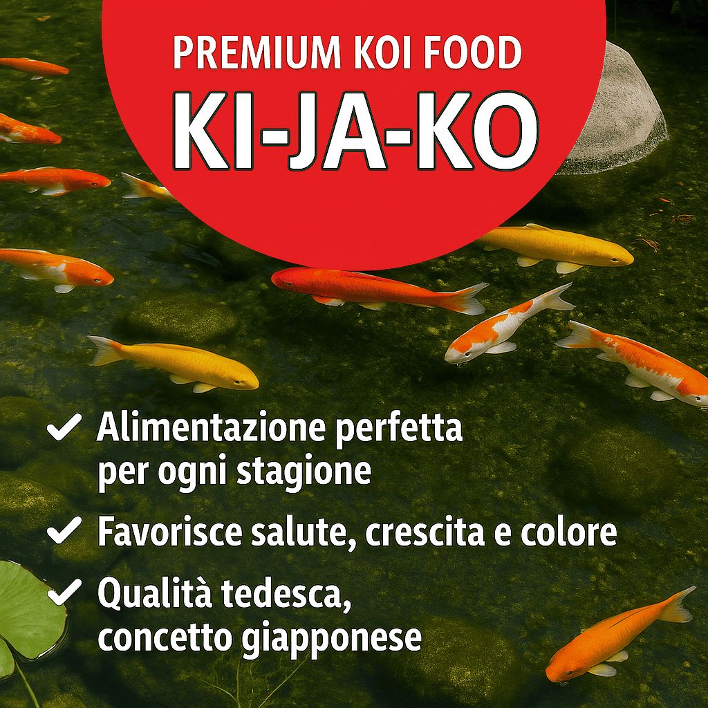 KI-JA-KO Premium mangime per carpe koi. Carpe koi in acqua. Testo: Nutrizione perfetta, salute, qualità tedesca.