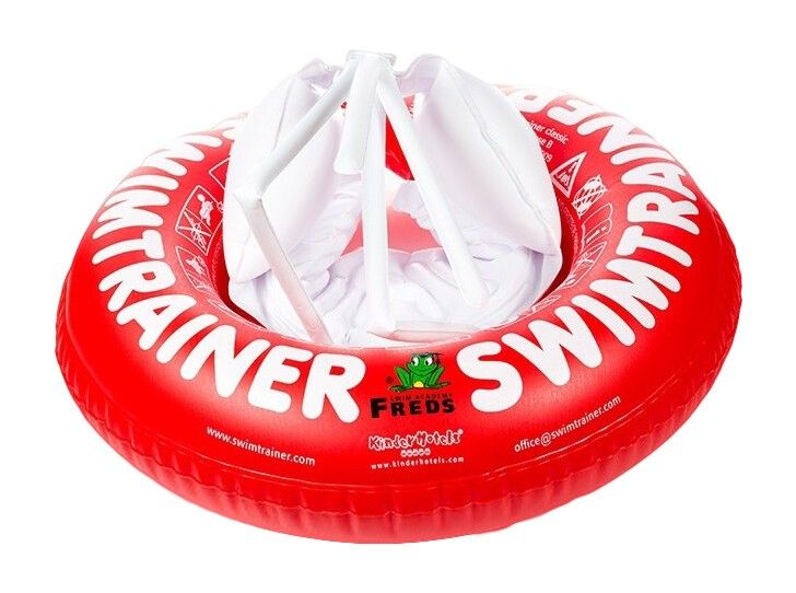 Schwimmtrainer Classic rosso con inserto bianco. Scritta SWIMTRAINER. Marchio Freds Swim Academy.