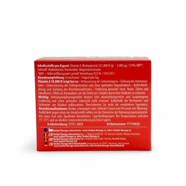 Retro della scatola rossa. Testo: Ingredienti, raccomandazioni, precauzioni. Numero articolo e informazioni produttore.