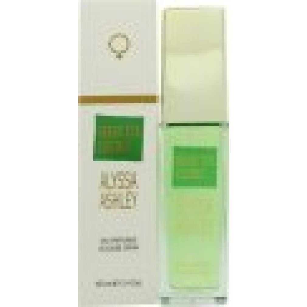 Flacone di profumo e confezione. Flacone verde, confezione bianca. Scritta: Green Tea Essence, Alyssa Ashley, Eau Parfumée Cologne Spray.