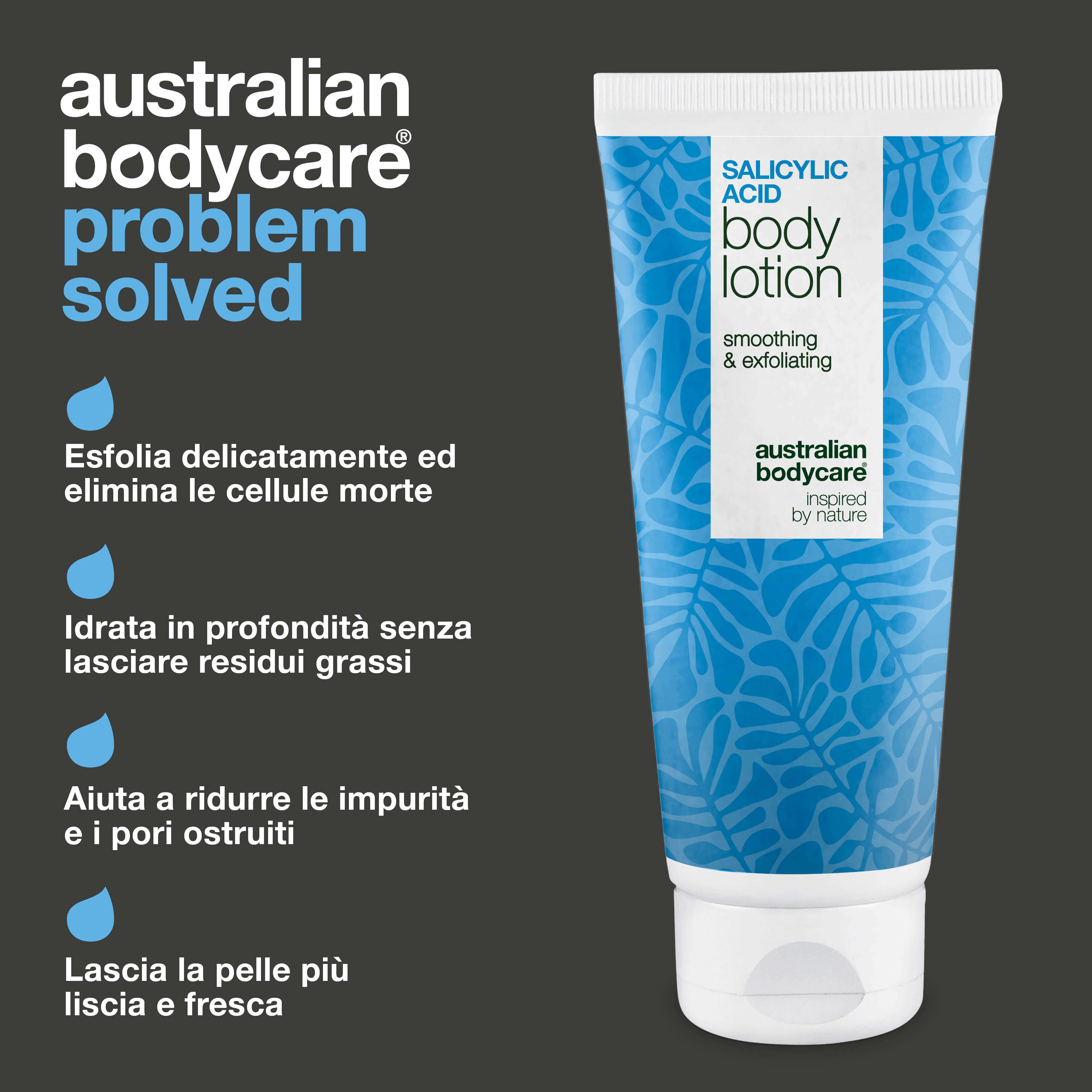 Tubo di lozione per il corpo all'acido salicilico. Testo: smoothing & exfoliating. Marchio: Australian Bodycare. Gocce blu.