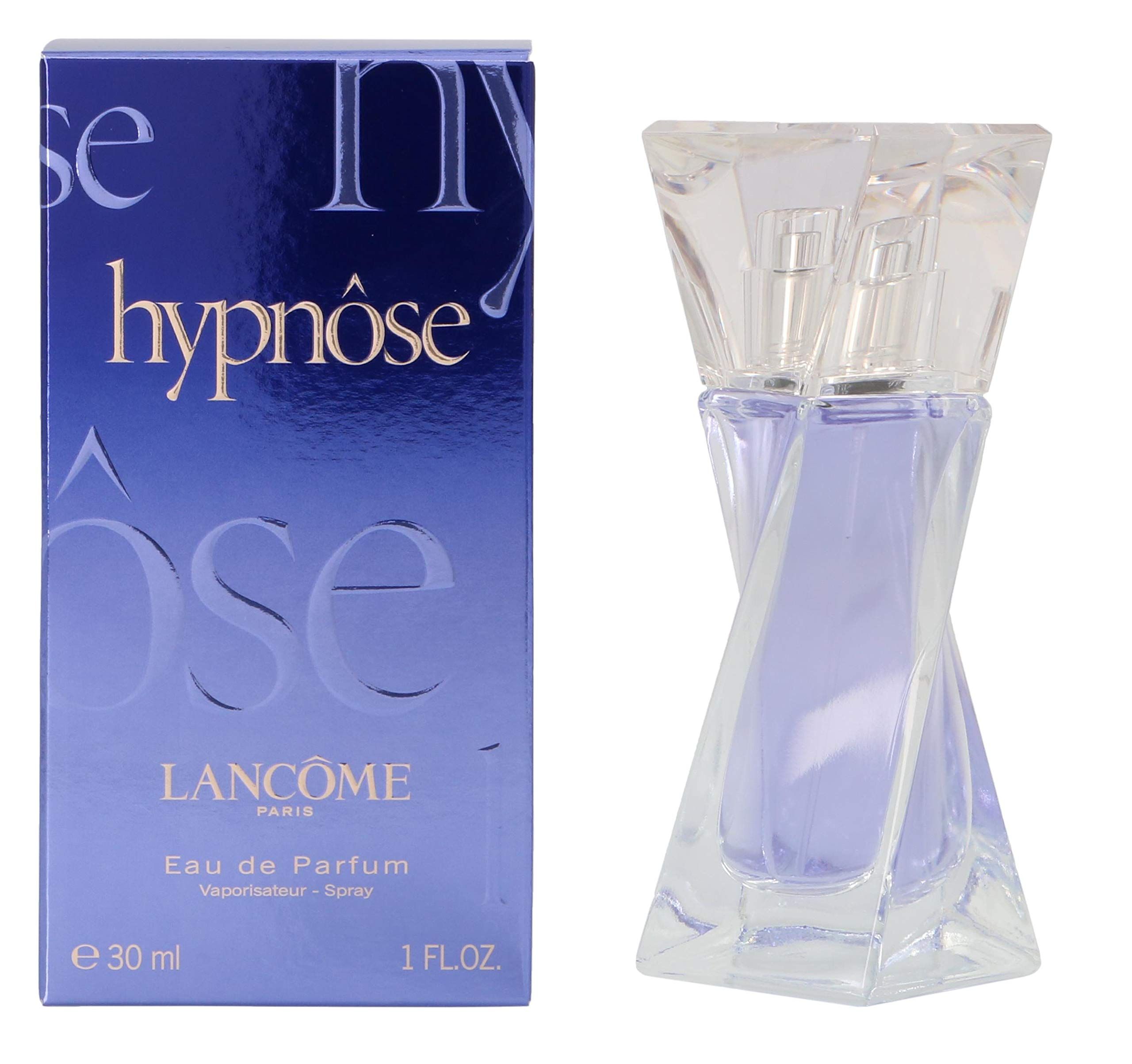 Flacone di profumo e confezione. Flacone a spirale con tappo trasparente. Confezione blu con nome del prodotto e marchio: Lancôme.
