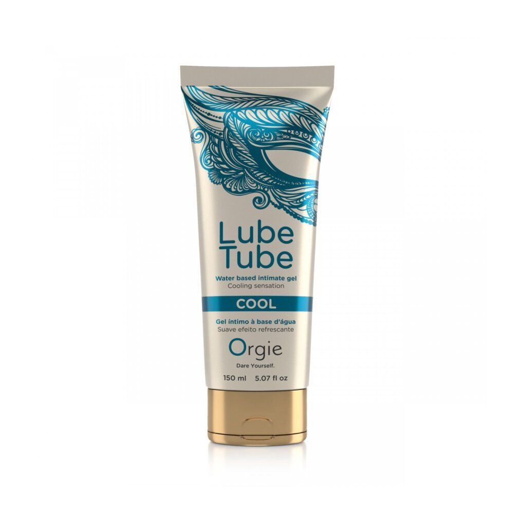 Tubo Lube Tube Cool. Testo: Water based intimate gel. Marchio: Orgie. Tappo dorato.