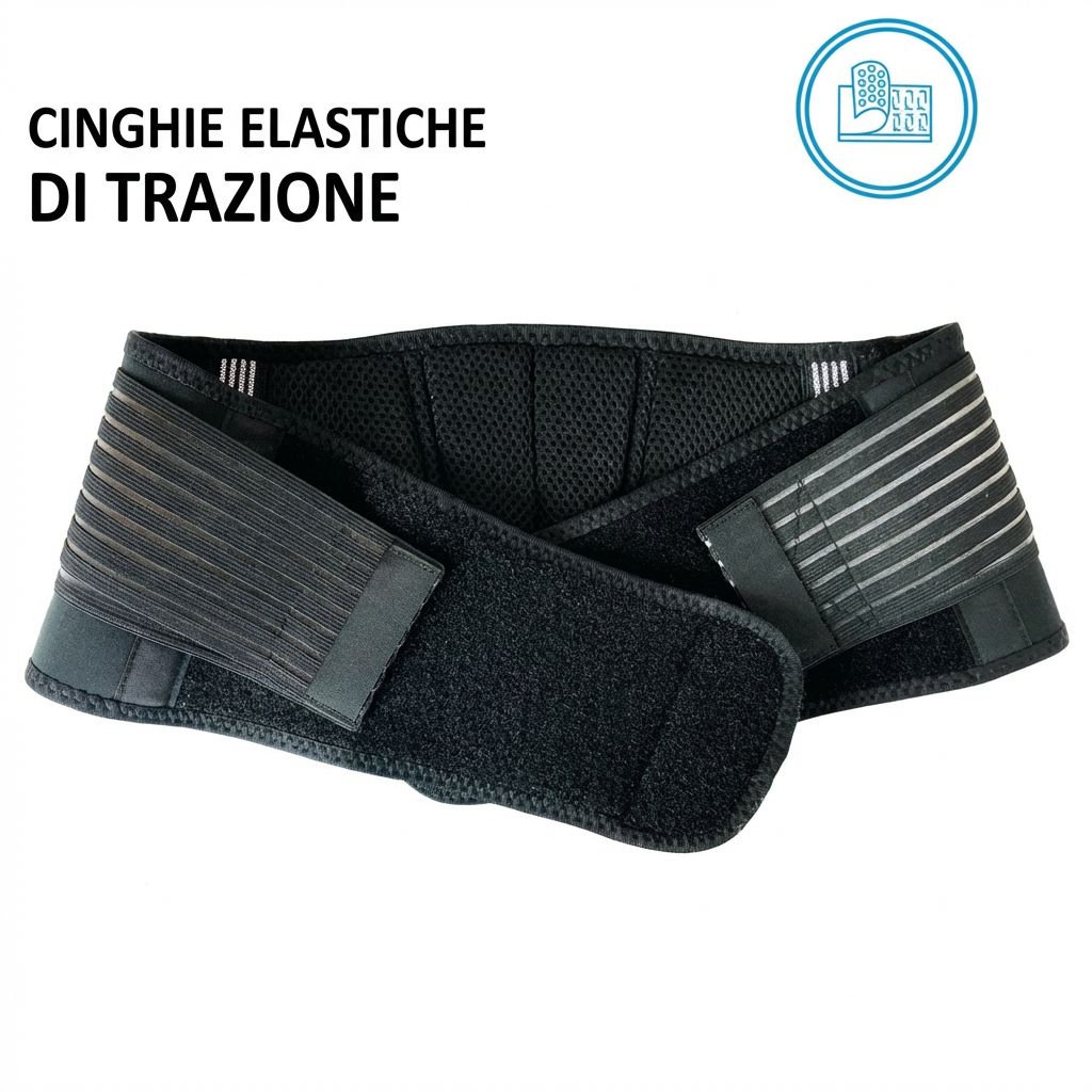 Cintura di supporto lombare nera con cinghie elastiche e chiusure in velcro. Su sfondo bianco.